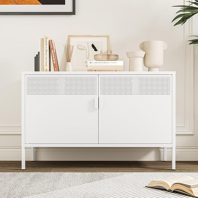 Metal Storage Cabinet with Doors,White Accent Cabinet,Metal Locker Storage Cabinets,2 Door TV Media Stand with Removable Shelves for,Home,Office,Entryway,Living Room