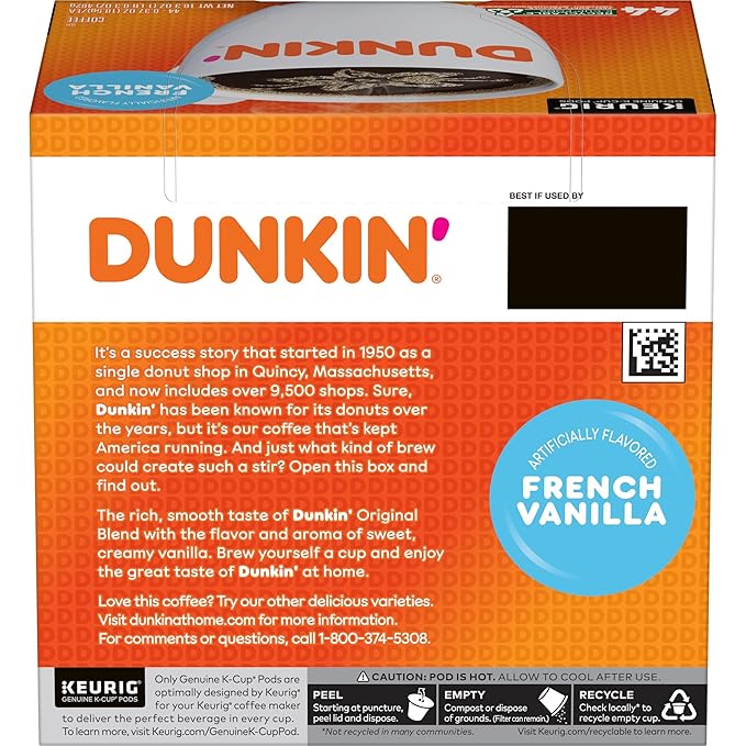 Dunkin’ French Vanilla, Artificially Flavored Coffee, Keurig K-Cup Pods, 44 Count Boxes (Pack of 4)