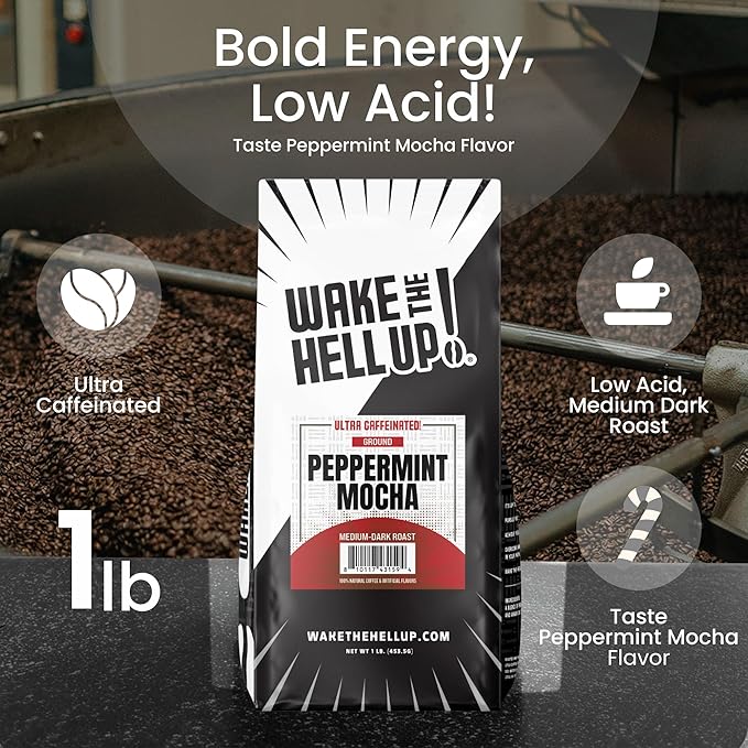 Wake The Hell Up! 1lb Ultra-Caffeinated Peppermint Mocha Ground Coffee, Low Acid, Medium-Dark Roast