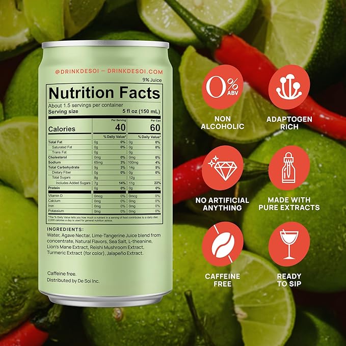 De Soi Haute Margarita Mocktails NA Drinks 8 fl oz (12-pack) - Adaptogen Drink, Sparkling Drink with Calming Botanicals, Mocktail Drinks, Gluten Free, No Artificial Flavors