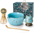 MONOJOY Matcha Bowl and Whisk Set – Multi-Layer Ice-Crackle Ceramic Chawan with Spout, Bamboo Chasen, Holder, Scoop & Sifter | Japanese Ceremonial Matcha Tea Kit for Lattes & Beginners