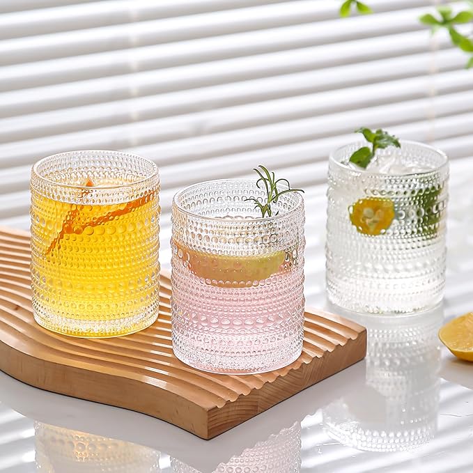 12oz Hobnail Drinking Glasses Set of 6,Clear Vintage Glassware Embossed Water Tumbler,Cocktail Glass Cups for Beer,Whiskey,Juice and Various Mixed Drinks