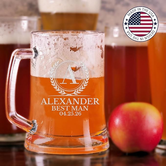 Personalized Groomsmen Gift, 17oz Beer Glass with Handle, Custom Beer Mug Best Man with Etched Name, Engraved Gifts for Wedding Favors, Best Man Proposal Gifts, Bachelor Party