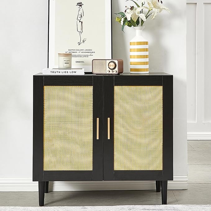 27.9 Inch Accent Sideboard Buffet Cabinet with Storage, Rattan Cabinet with Doors and Shelves, Black Farmhouse Coffee Bar Kitchen Storage Cabinets for Entryway Living Room