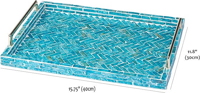 PEMAR Capiz Shell Decorative Tray with Gold Handles – 15.7"x11.8" Rectangular Display & Serving Tray for Vanity, Dresser, Bathroom (Mosaic Herringbone)