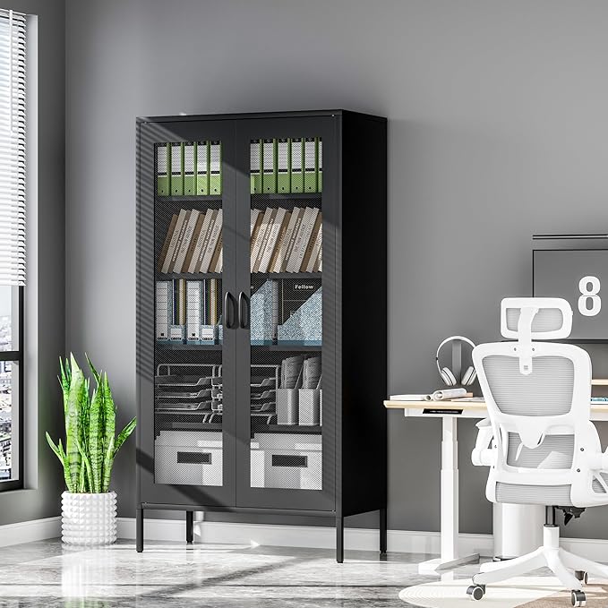 Metal Storage Cabinet,72H Display Cabinets with Adjustable Shelves and 2 Mesh Door,Pantry Organizers and Storage, Black Storage Cabinet for Home,Office,Garage,Bathroom