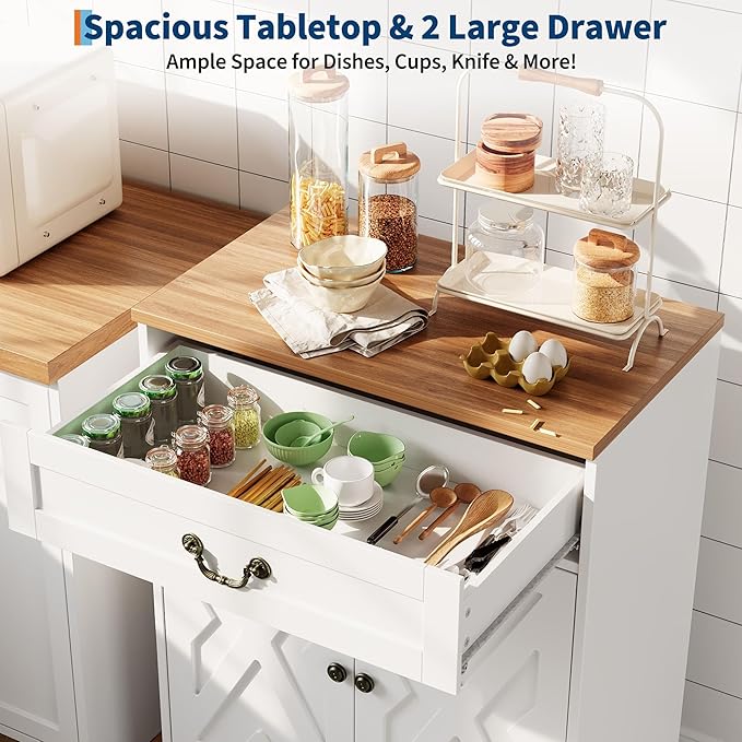 Garvee Farmhouse Coffee Bar Cabinet - Kitchen Storage Buffet Sideboard with 2 Doors, Drawer & Adjustable Shelf, White Cabinet for Kitchen, Living Room, Entryway, 150 LB Capacity