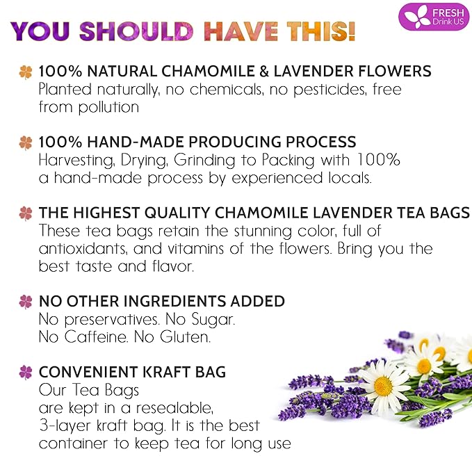 FreshDrinkUS, Premium 60 Chamomile Lavender Tea Bags, Calming Herbal Blend Strong Support for Relaxation & Better Sleep | Naturally Caffeine-Free Bedtime Tea with Soothing Floral Aroma, 100% Natural, Hand-made No Sugar/ Caffeine/ Gluten, Vegan