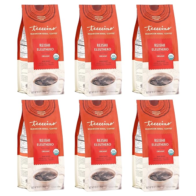 Teeccino Reishi Eleuthero Coffee Alternative - French Roast - Organic Adaptogenic Herbal Mushroom Coffee, Dark Roast, Caffeine Free, Prebiotic, Acid Free, All-Purpose Grind - 10 Oz (Pack of 6)