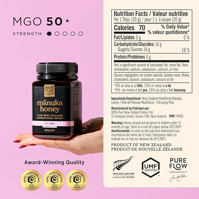 100% Pure New Zealand Honey - MGO 50+ Multifloral Mānuka Honey, Raw Mānuka, 17.6 Ounce (500g) (Pack of 1)