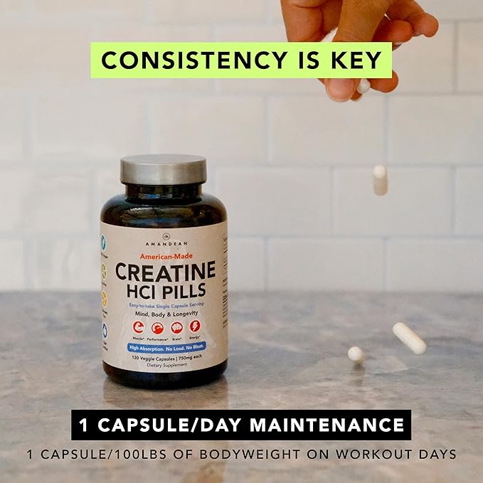 AMANDEAN Creatine HCl Pills. American Made CON-CRET. 120 Capsules. 7X Concentrated vs Monohydrate Powder. No Bloat. Muscle, Energy, Cognitive, Recovery Support for Men & Women. Gluten Free, Non-GMO.