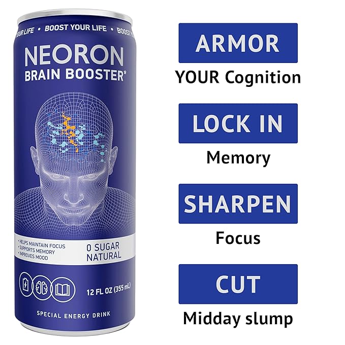 NEORON - Brain Defender, Focus & Memory Support, Sugar‐Free Nootropic Drink, Vegan (Pack of 12, Blueberry & Mint)