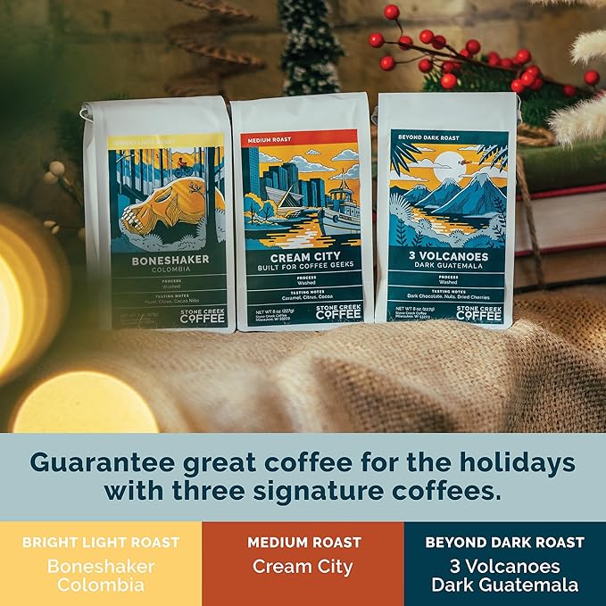 Stone Creek Coffee Cream City Cheer Box Dark, Medium and Light Roast, (8 Oz, Pack of 3) – Whole Bean Coffee Sampler, Holiday Limited-Edition Gift Set, Bright, Smooth and Bold Fresh Roasted Coffee Beans