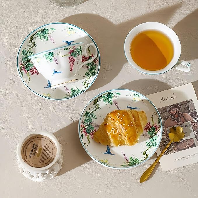 Floral Ceramic Cup Bone China Tea Cup and Saucer Set 6.8 Oz Gold Trim Vintage Style Porcelain Coffee Cup for Home Kitchen Office, Style 6