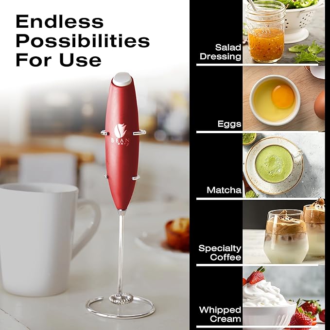 Bean Envy Milk Frother, Coffee Stirrers, Frother Wand, Milk Frother Handheld, Frother with stand, Hand Blender for Coffee, Lattes, Cappuccino, Matcha and Hot Chocolate – Kitchen Gifts - Red