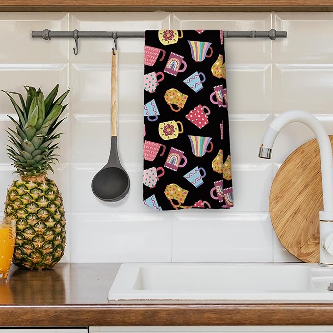 Trendy Teacups Kitchen Dish Towels Black, Coffee Cups Teapots Kitchen Decor, Aesthetic Garden Tea Lover Gifts for Women men, Tea Time Hand Towels Kitchen Bathroom Tea Towels Decorations, 16x24inch