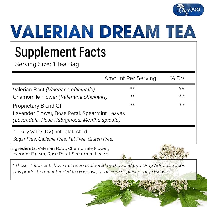 TOG999, Premium Valerian Dream Tea Bags | 60 Count | Herbal Blend with Valerian Root, Chamomile, Lavender, Rose Petal & Spearmint | Naturally Caffeine-Free, Relaxing Evening Tea. Vegan.