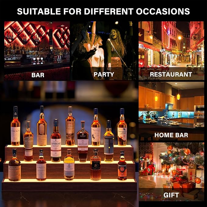 Led Lighted Liquor Display Shelf, Bar Display Shelf with App & Remote Control, Freestanding Holding 3 Bottles for Home Bar, Party (Walnut, 37 Inch)