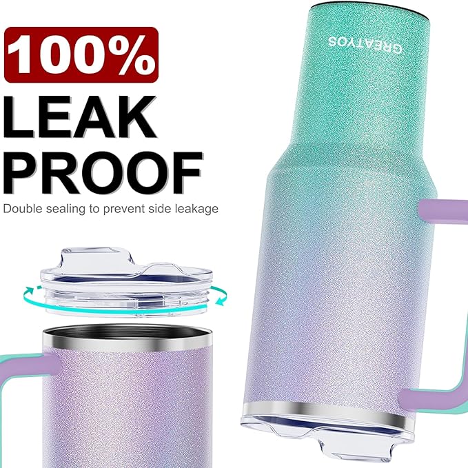 40 oz Tumbler with Handle and Straw Lid Insulated Tumblers Cups with Lids Straws Double Wall Vacuum Leak Proof Stainless Steel 40oz Tumbler Travel Mug Gifts for Men Women Him Her (Glitter)