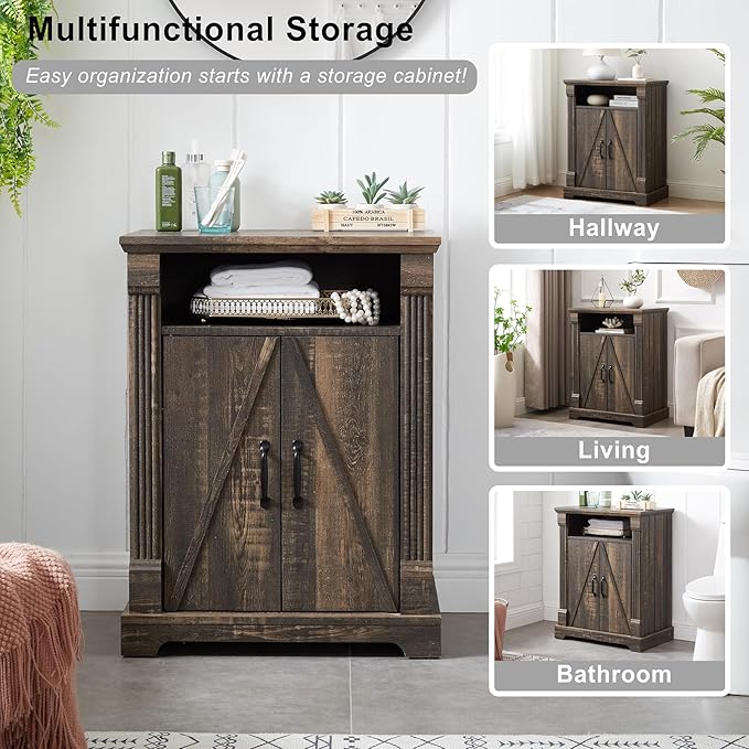 24" Farmhouse Storage Cabinet – Dark Rustic Oak Freestanding Buffet Sideboard with Barn Doors, Adjustable Shelf, Small Coffee Bar for Kitchen, Bathroom & Living Room