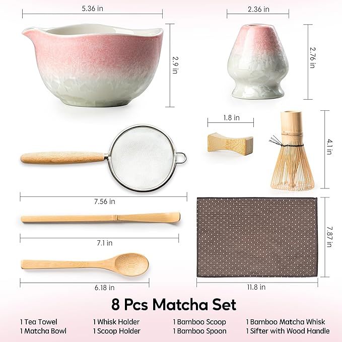 Matcha Whisk Set, Handcrafted Crystalline Glaze Matcha Set, 8 Pcs Matcha Kit Includes Matcha Bowl, Whisk with Holder, Bamboo Scoop & Spoon, Sifter and Tea Towel, Ceremonial Matcha Tea Set