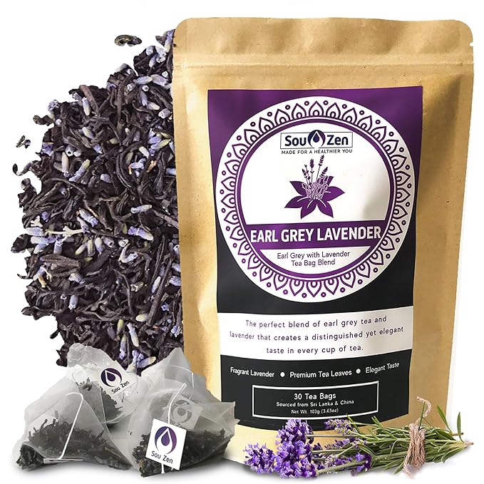 Sou Zen Earl Grey Lavender 30 Corn-Fiber Pyramid Tea Bags | Premium Loose Leaf Blend with Bergamot & Lavender | Naturally Organic Ingredients, No Additives