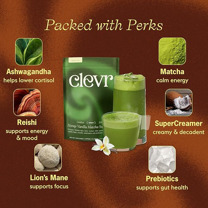 Clevr Organic Honey Vanilla Matcha SuperLatte, Instant Ceremonial Grade, Superfood Powder Blend, Oat Milk, Lions Mane, Reishi Mushroom, Coconut Cream, Ashwagandha, Serve Hot or Iced (14 Lattes)