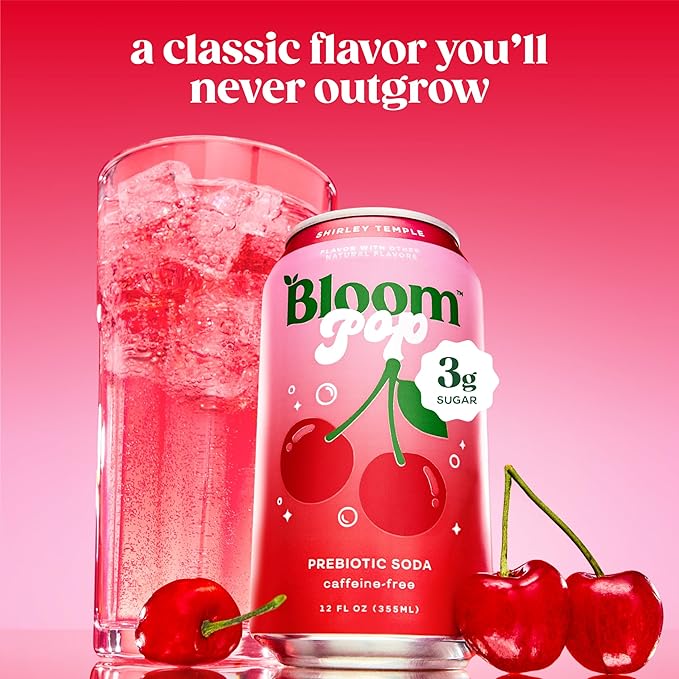 Bloom Pop Prebiotic Soda 12 Pack, Shirley Temple Flavor, 12oz Cans | Prebiotic Soda for Gut Health, Low Calorie Soda, No Caffeine, Healthy Soft Drink Alternative