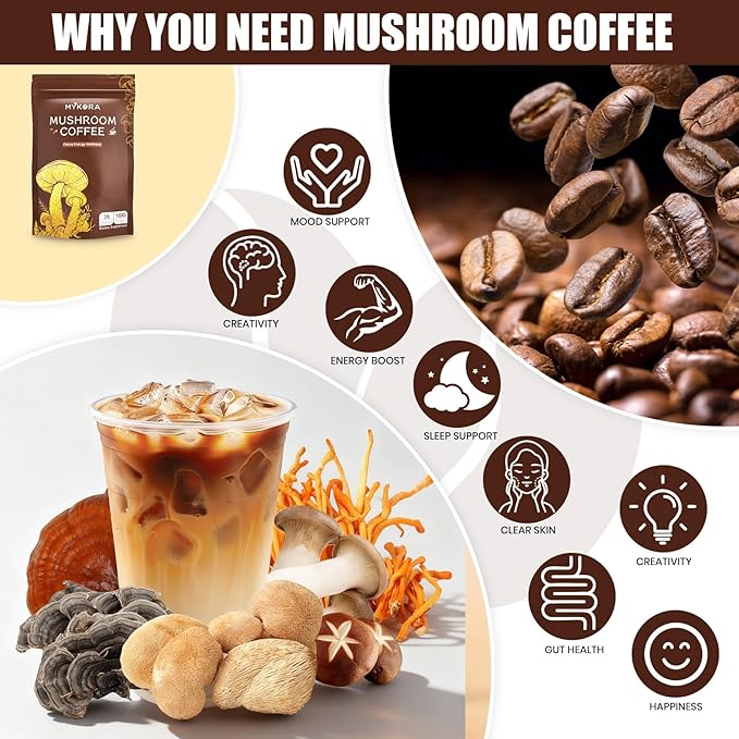 Mushroom Coffee 2000mg, Organic Instant Coffee with 6 Adaptogenic Mushrooms (Lion’s Mane & Turkey Tail), with MCT Oil & Coconut, for Focus, Energy, Digestion & Immune Support, 30 Servings
