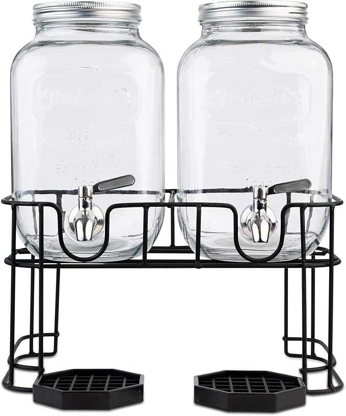 Dual Gallon Glass Beverage Dispensers with Metal Stand, Stainless Steel Spigot, Metal Lid and Drip Trays- Gallon Glass Yorkshire Mason Container for Kombucha Fermenting, Iced Tea and more