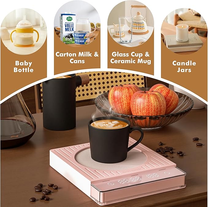 2026 New Smart Coffee Mug Warmer for Desk, Electric Cup Warmer with Auto Shut Off & Timer, 4 Temp Settings, Fast Heating Plate for Coffee, Tea, Candle Warmer, Smart Gift for Office & Home Use(Pink)