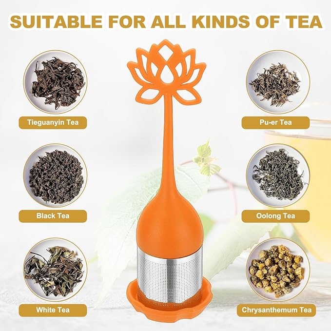 uxcell 2 Pcs Lotus Tea Infuser, Stainless Steel Loose Leaf Tea Steeper Filter with Silicone Handle Reusable Thin Pores Mesh Strainer Diffuser for Teacups Teapots Mugs, Orange