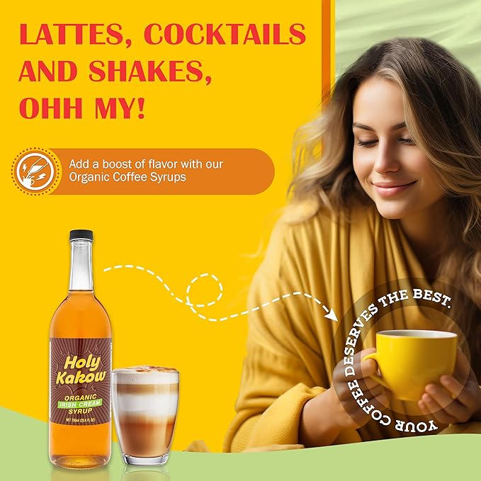 Holy Kakow Organic Irish Cream Syrup - Coffee Syrup, Liquid Sugar Coffee Flavoring Syrup, Cane Sugar Syrup, Liquid Sugar for Iced Coffee, Irish Cream Syrup for Coffee, All-Natural, Non-GMO - 750 ml