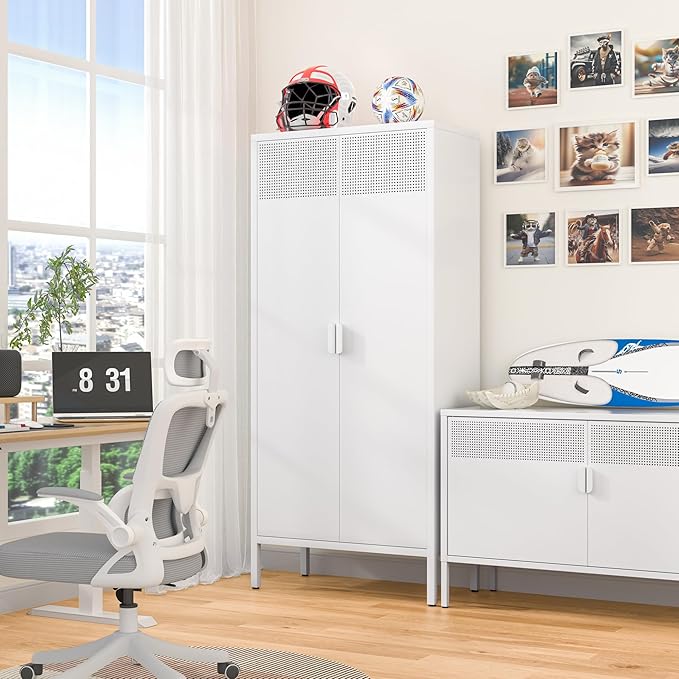 Metal Storage Cabinet with 2 Doors and 3 Adjustable Shelve,61" White Kitchen Pantry Storage,Office Steel Cabinets Locker for Kitchen,Living Room,Dining Room,Home,Office