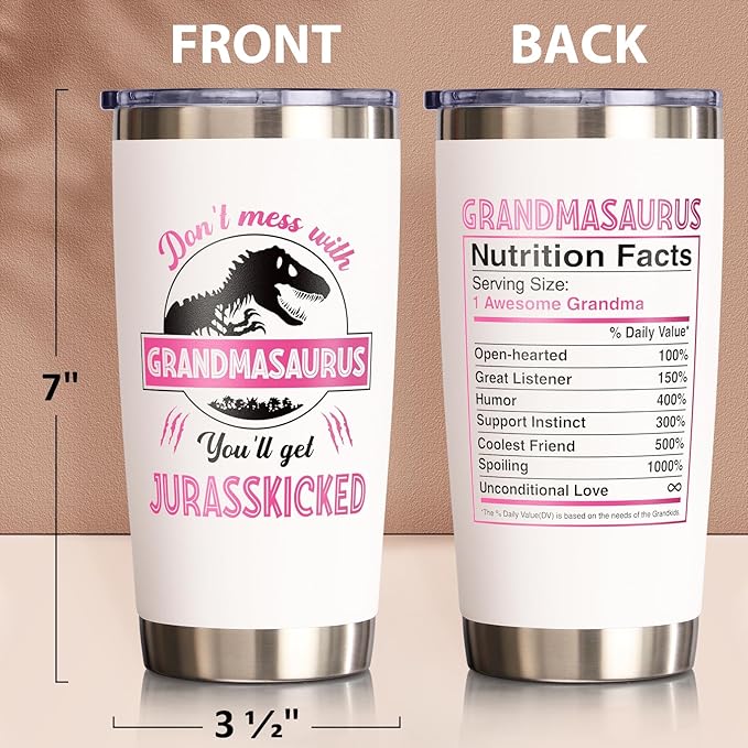 Gifts for Grandma, Christmas Gift from Granddaughter Grandson Grandchildren Grandkid, 20 OZ Tumbler Grandmother Birthday Gift, Grandmasaurus Insulated Cup for New Nana, Grandmother, Nana, Gigi