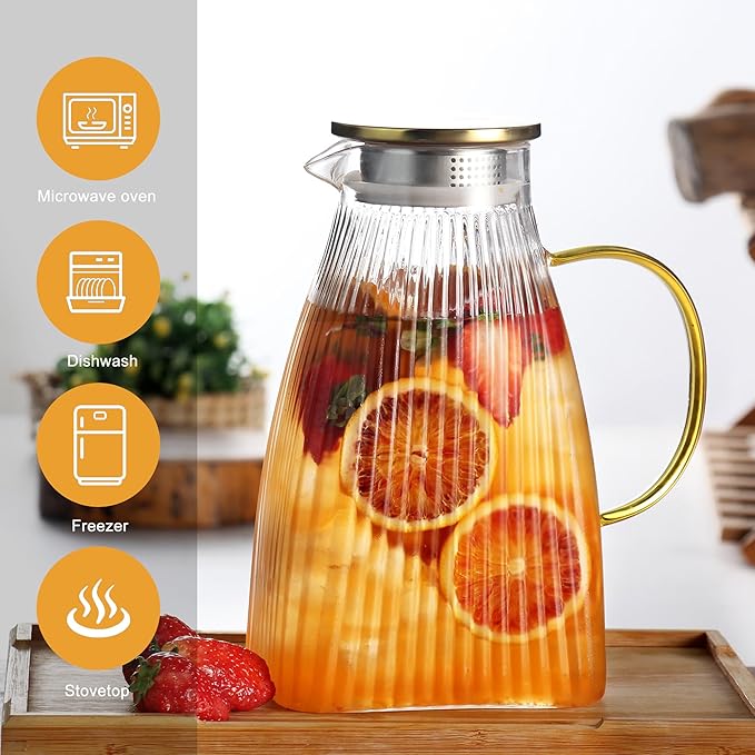 2.5L 86 OZ Glass Pitcher with Lid and Handle for Fridge,Large Hot Cold Water Carafe for Cold Brew.Coffee,Lemonade,Iced Sun Tea,Beverage,Milk,etc,heat-resistant borosilicate glass water jug