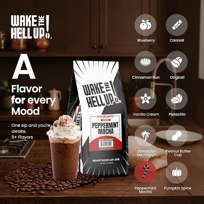 Wake The Hell Up! 1lb Ultra-Caffeinated Peppermint Mocha Ground Coffee, Low Acid, Medium-Dark Roast