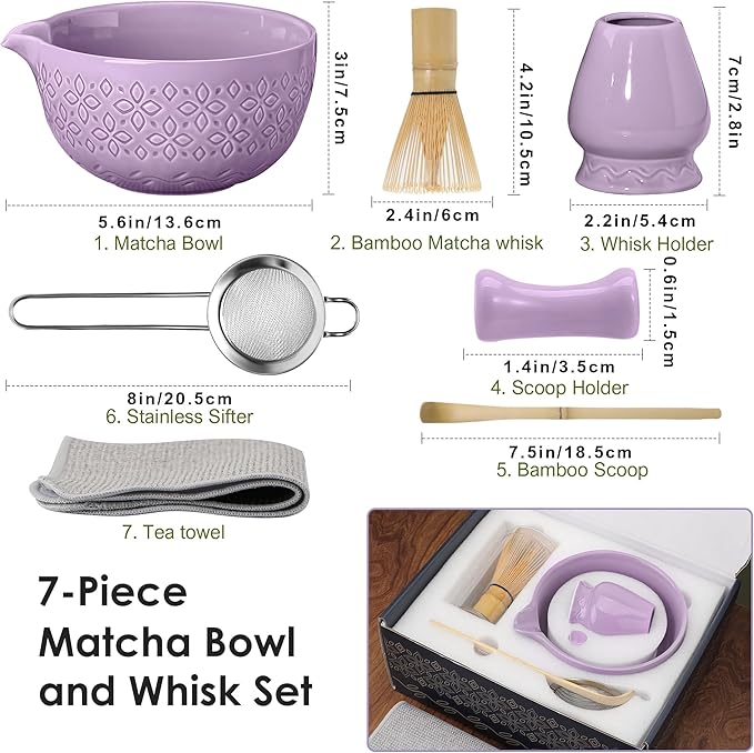 Matcha Whisk Set Matcha Kit - 7 Pcs Japanese Tea Set Includes Matcha Bowl with Spout,Bamboo Whisk with Ceramic Holder,Bamboo Scoop and Rest,Sifter,Tea Towel, for Ceremony Matcha Lovers Gift,Purple