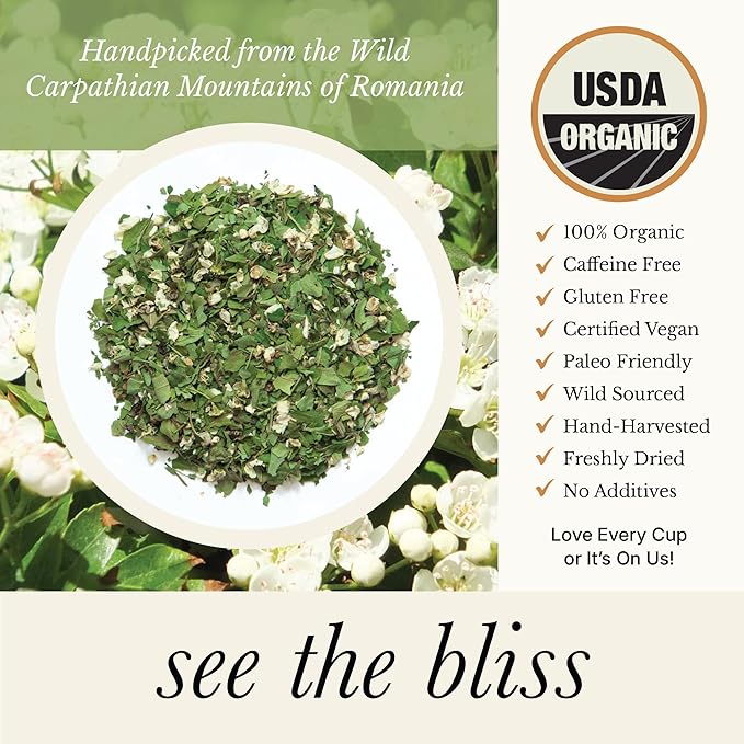 Wild Bliss Organic Wild Hawthorn Leaf & Flower - Caffeine Free Herbal Tea - Heart Health Support - 20 Plant Based Tea Bags