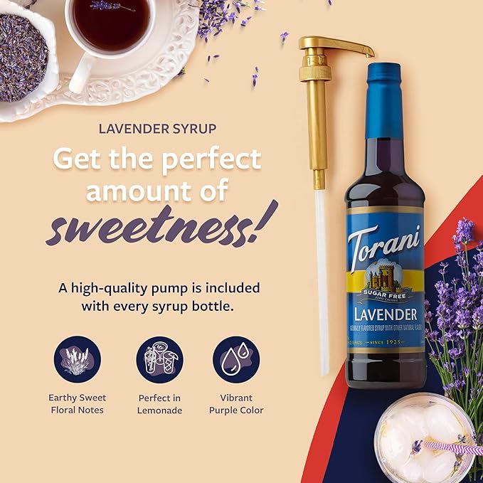 Torani Sugar Free Syrup, Lavender Flavoring for Drinks, Zero Calorie, Pump Included, 25.4 Fl Oz