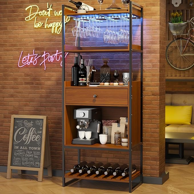 Wine Bar Cabinet with LED Lights, Industrial 67" Tall Coffee Bar with Glass Rack, Liquor Cabinet Wine Rack Storage Metal Wood Sideboard Buffet for Home Dining Living Room, Brown