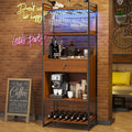 Wine Bar Cabinet with LED Lights, Industrial 67" Tall Coffee Bar with Glass Rack, Liquor Cabinet Wine Rack Storage Metal Wood Sideboard Buffet for Home Dining Living Room, Brown