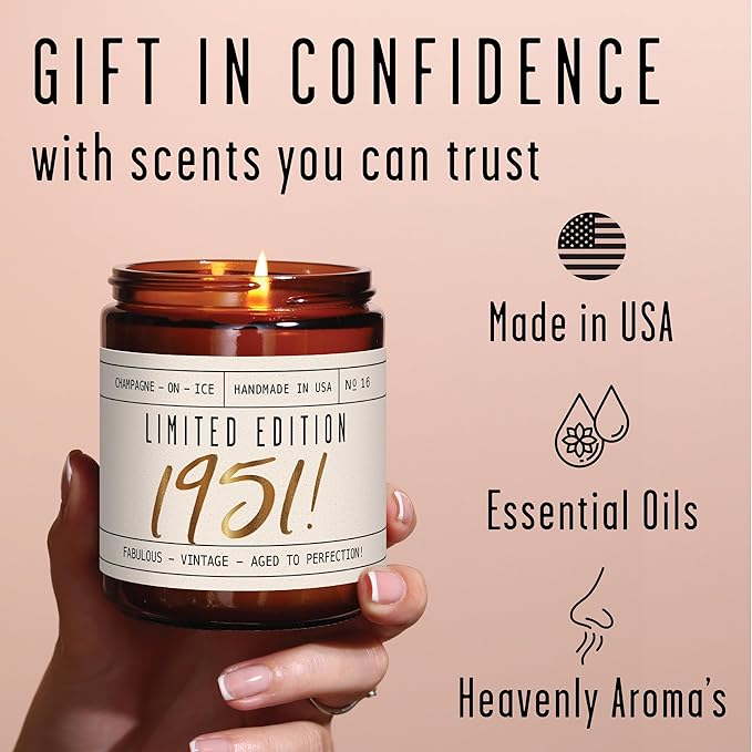74th Birthday Gifts for Women - 'Limited Edition 1951' Soy Candle, w/Champagne on Ice I 74 Birthday Gifts for Women I 74th Birthday Gift for Her Ideas I 9oz Reusable Jar, 50Hr Burn, Made in USA