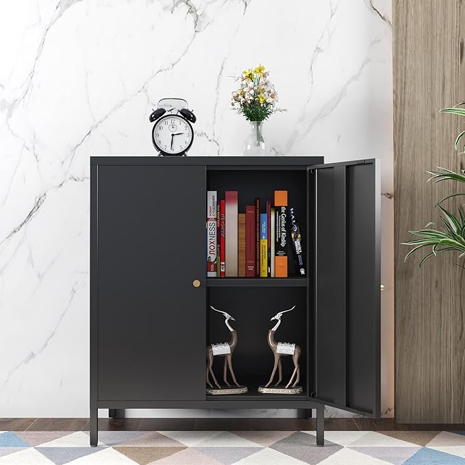 Small 2 Metal Storage Side Buffet Cabinet for Bed Room,Living Room,Entryway,Hallway,Home,Hotel,Office,Garage,Kitchen,1 Removable Shelf. (Metal Door, Black)