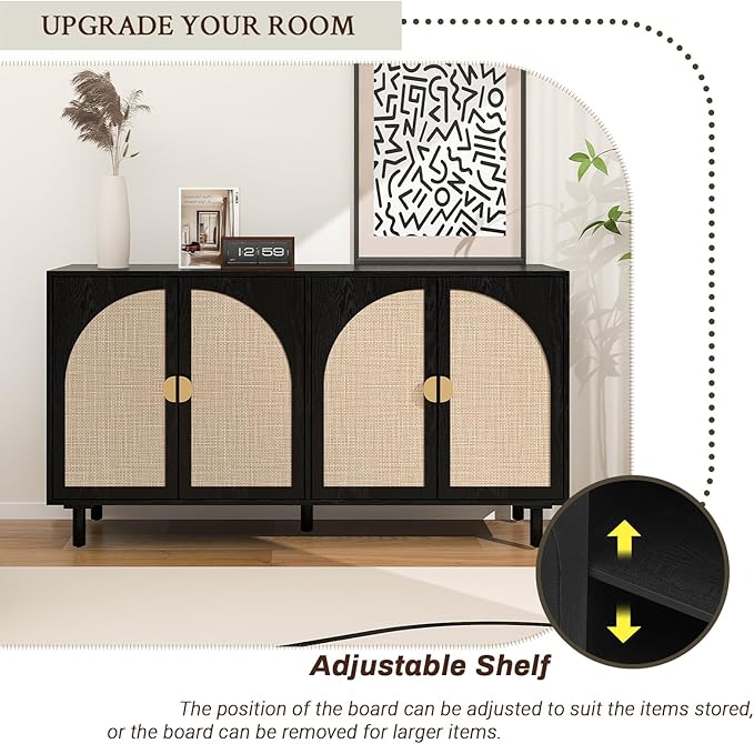 Black Sideboard Buffet Cabinet, 4-Door Rattan Storage Cabinet, Coffee Bar with Adjustable Shelf, Accent Furniture for Living Room, Entryway, Home Office, Black