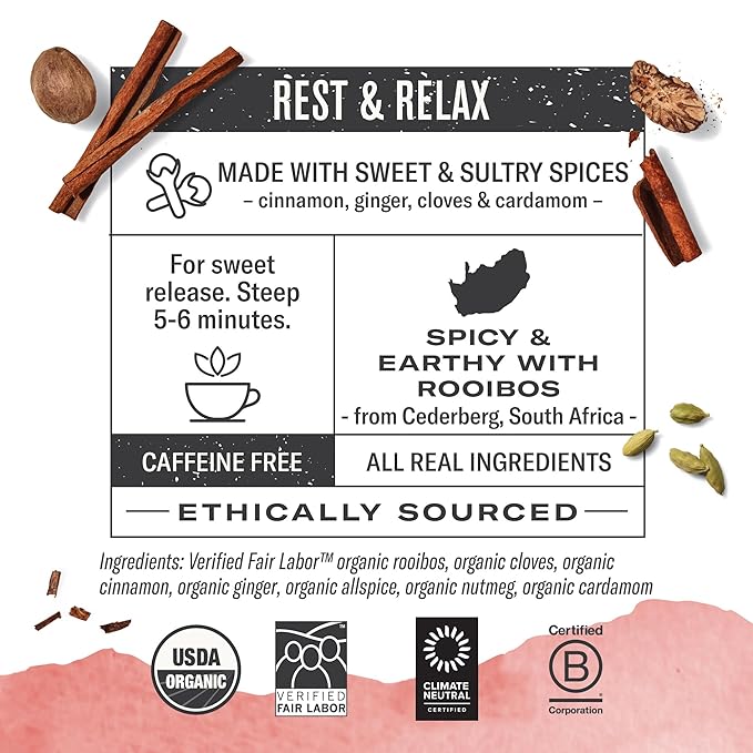 Numi Organic Rooibos Chai Tea, 18 Caffeine Free Herbal Bags, Microplastic Free, Rich Flavor with Cinnamon, Allspice & Ginger (Pack of 2)