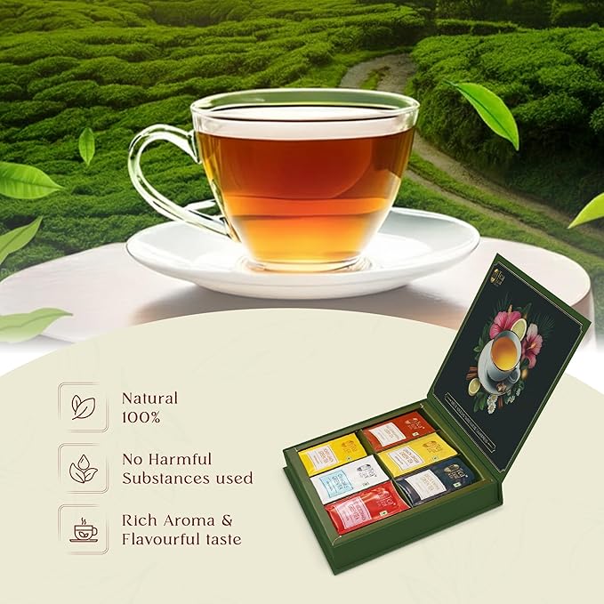Tea Leaf & Co. 6 Pack Premium Green Tea Bags Gift Combo Box (Tulsi Ashwagandha, Lemon Ginger, Detox Kahwa, Honey Lemon, Sweet Hibiscus & Green Chamomile) - 8Oz