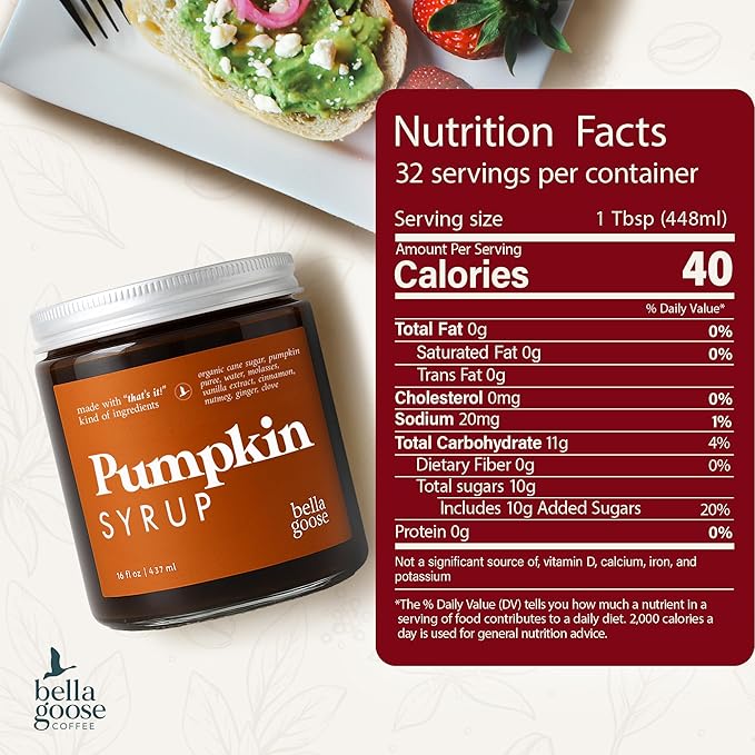 Bella Goose Pumpkin Syrup (16oz) - Homemade Pure Cane Sugar Syrup for Lattes, Matcha, Desserts & Ice Cream - Clean Ingredient - No Artificial Flavors, Dyes or Preservatives - Syrups for Coffee Drinks