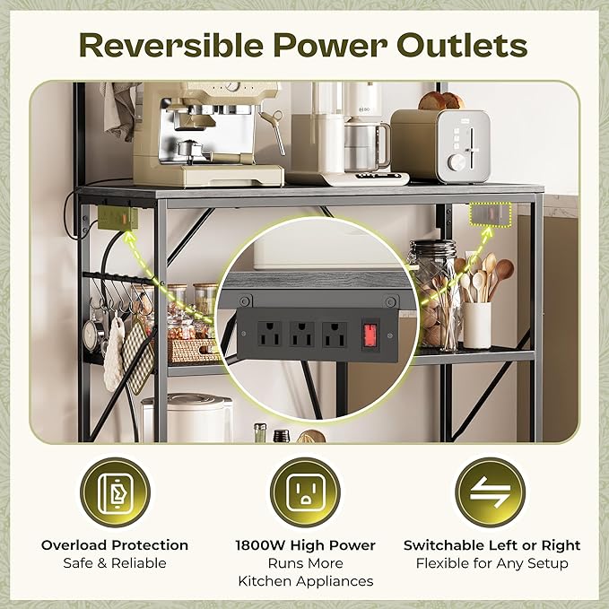 Huuger 4-Tier Bakers Rack with Reversible Power Outlet, 31.5 Inch Microwave Stand, Kitchen Bar, with Top Shelf, 6 S Hooks, Grey