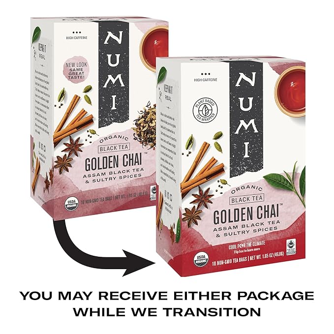 Numi Organic Golden Chai Tea, 18 Tea Bags, Assam Black Tea, Cardamom, Ginger & Anise
